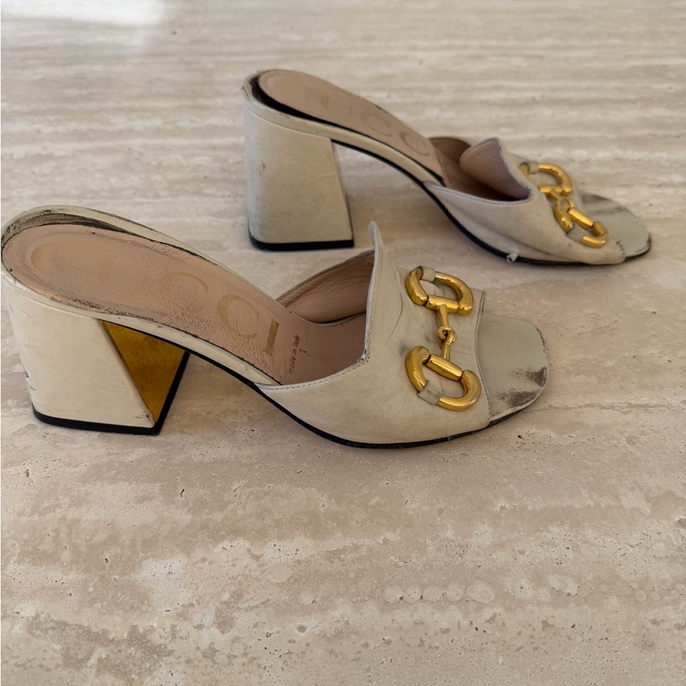 Classic GUCCI horsebit Tan and Gold Women's Mules - Picture 4 of 6
